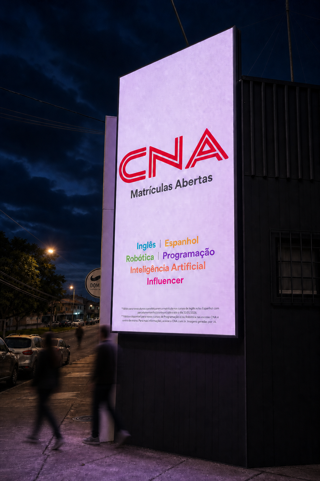 Painel de LED exibindo anúncio da CNA à noite